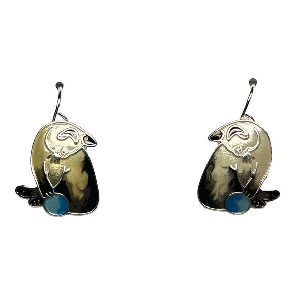 Zarah Siamese Kitty Cat Dangle Earrings Silver Plated Cloisonne Enamel - Picture 1 of 3